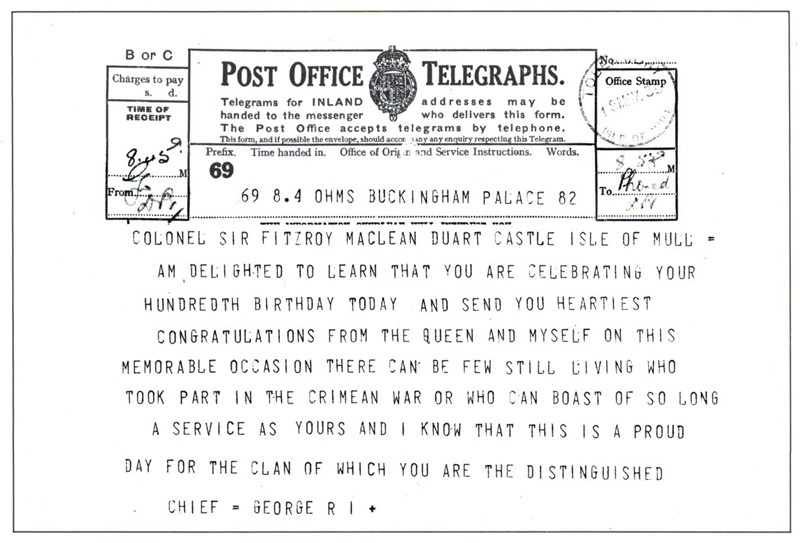 Telegram from King George V to Sir Fitzroy on his 100th birthday, 1935