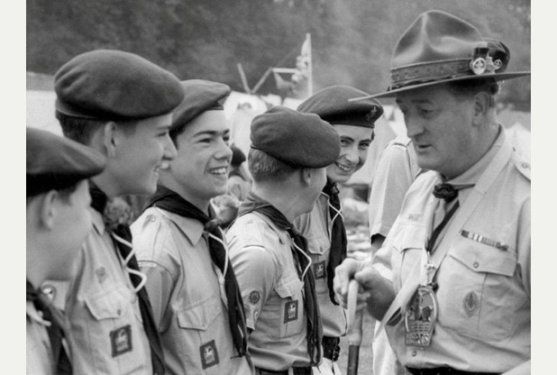 Chief Scout Sir Charles MacLean chatting to Scouts from East Herts at the County Camp in 1968